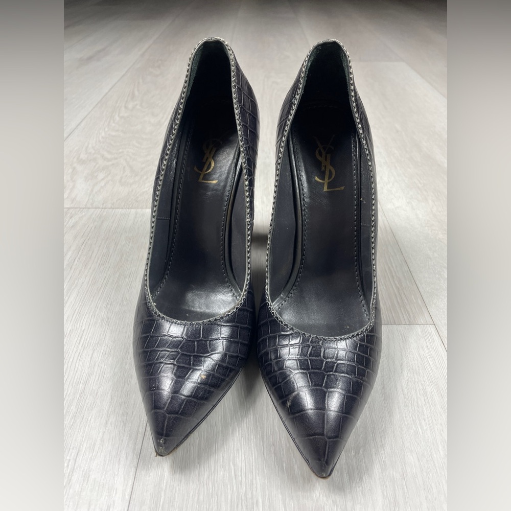 YSL Made in Italy Black‎ Croc Embossed Leather Heels Size 37.